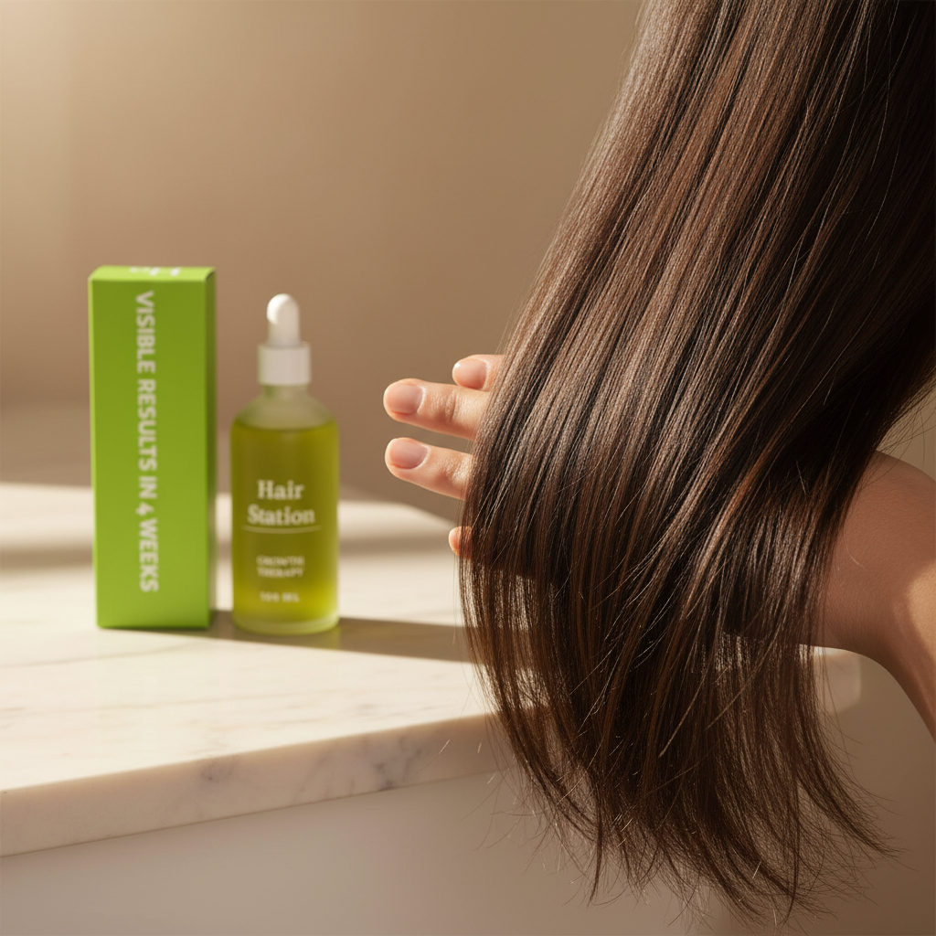 Close up of glossy healthy dark hair with the oil bottle blurred behind