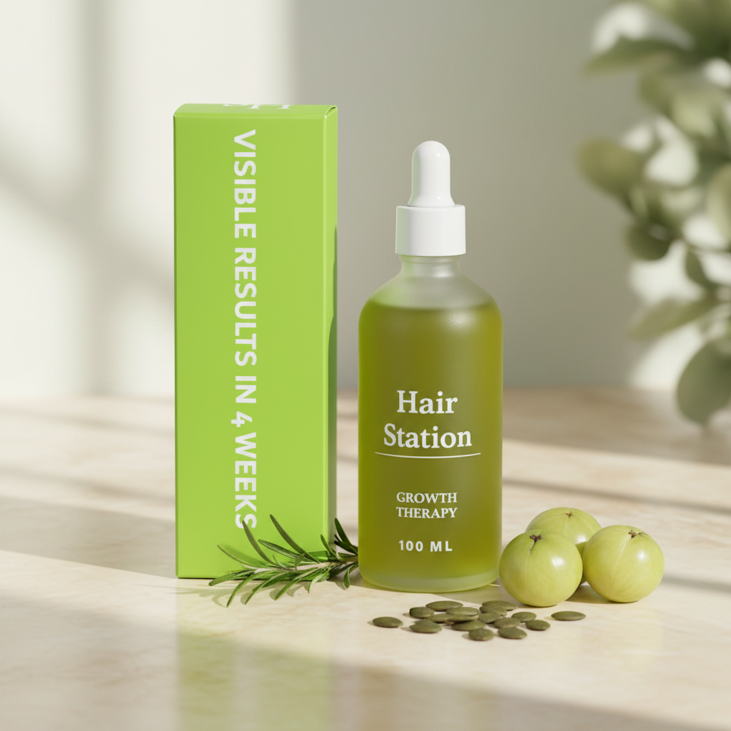 Hair oil bottle on marble with rosemary, amla and pumpkin seeds
