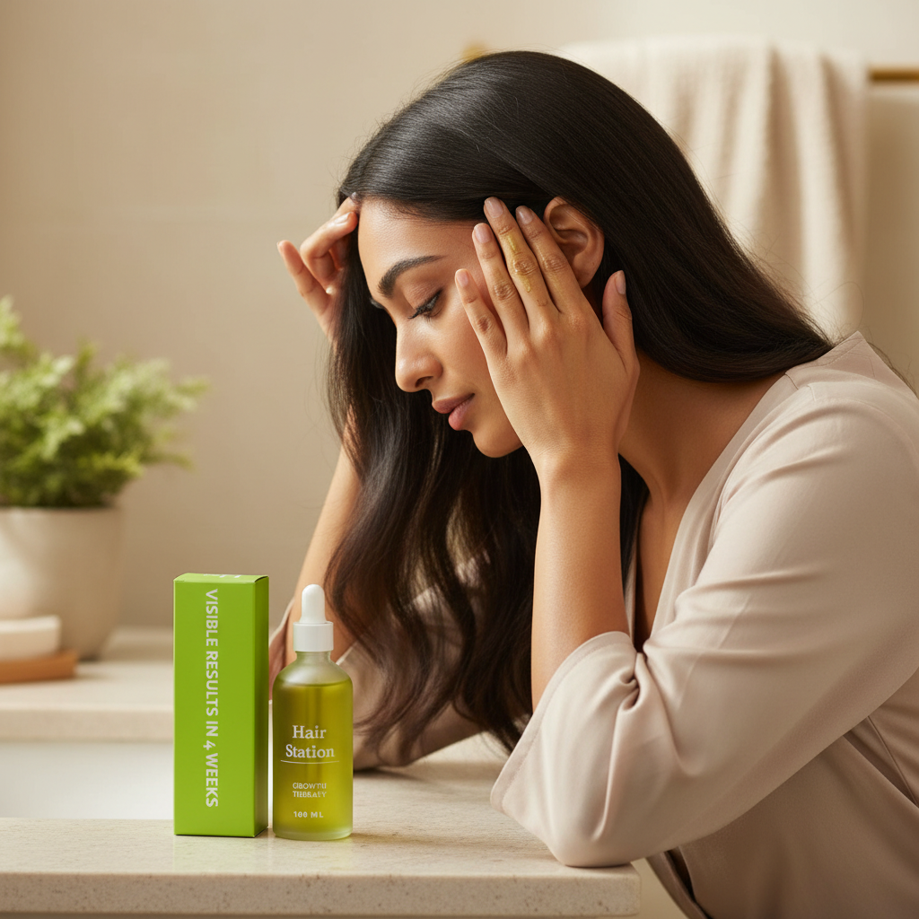 Woman massaging Hair Station Growth Therapy hair oil into her scalp